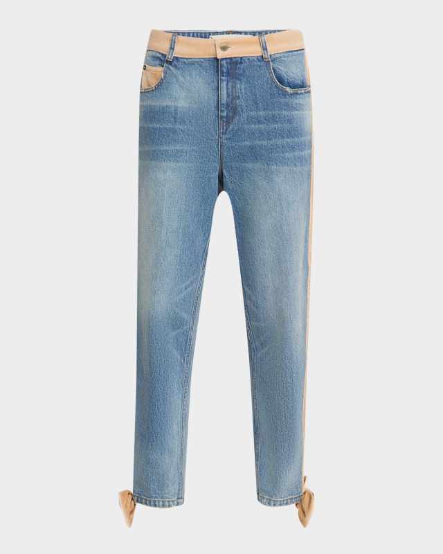 Libby Velvet Stripe Bow Straight-Leg Ankle Jeans